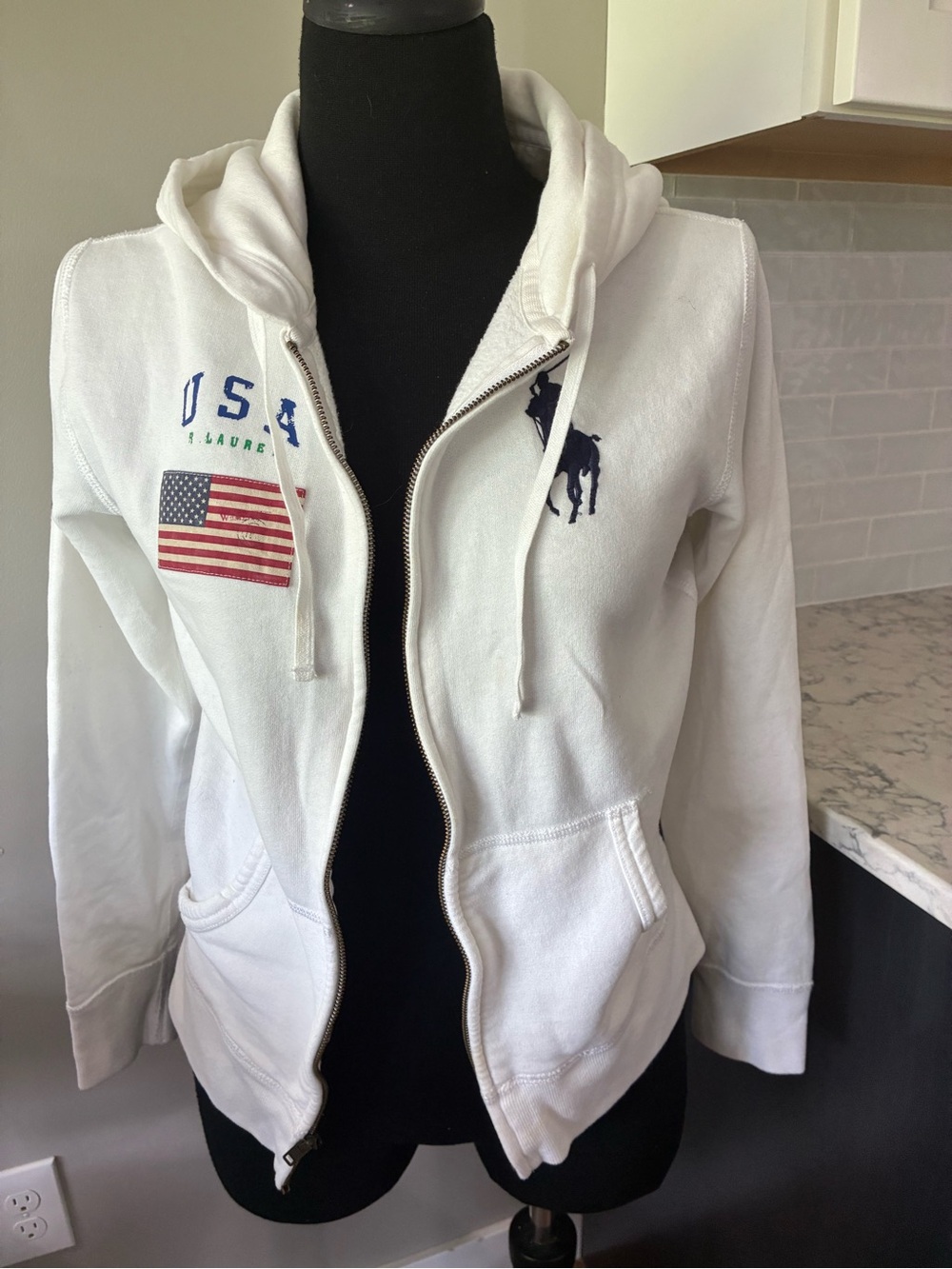 Ralph Lauren women’s M white Zip-Up Hoodie with USA Flag Navy Polo Logo Big Pony